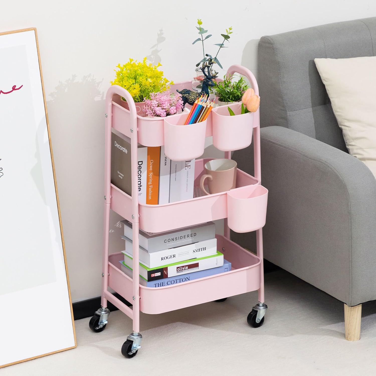 DOEWORKS - Chariot 3 niveaux métal, roulettes, cuisine/bureau, rose