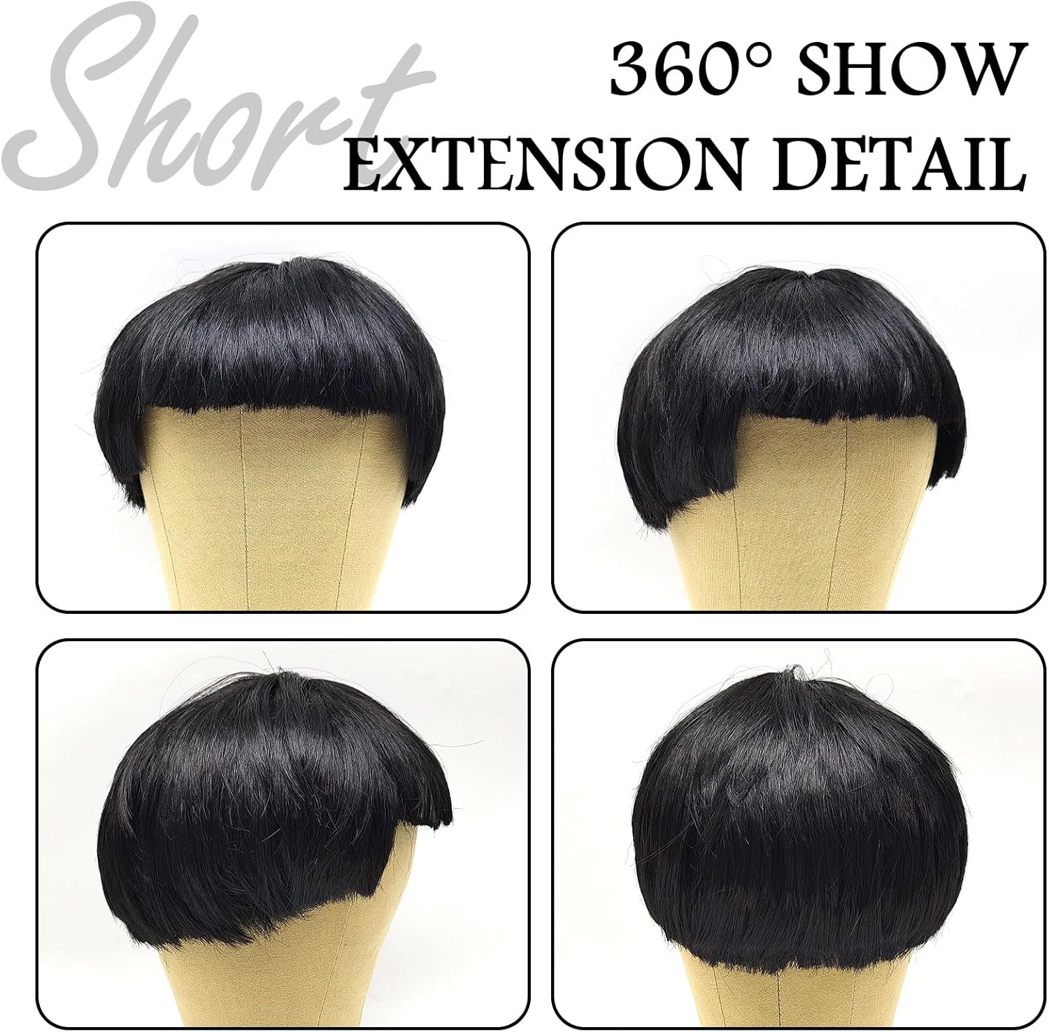 Perruque cosplay noire années 60, coupe boule avec frange, adulte