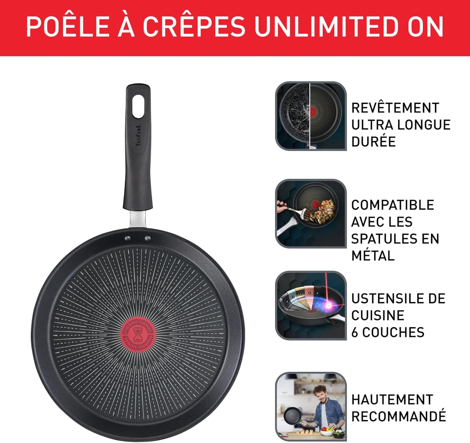Tefal - Unlimited On - poêle à crêpe 28cm, induction, antiadhésif, Thermo-Signal, G25939AZ
