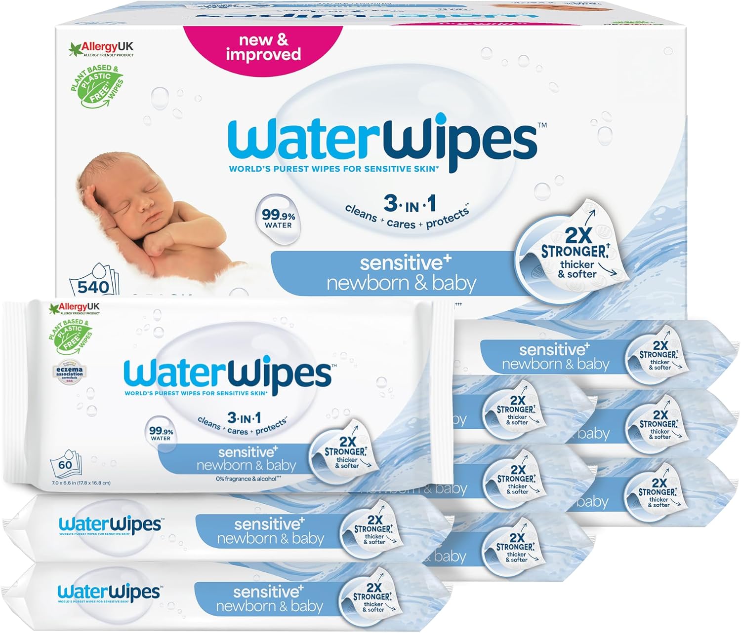 WaterWipes - Sensitive+ Lingettes bébé 540 unités, 99,9% eau, non parfumées