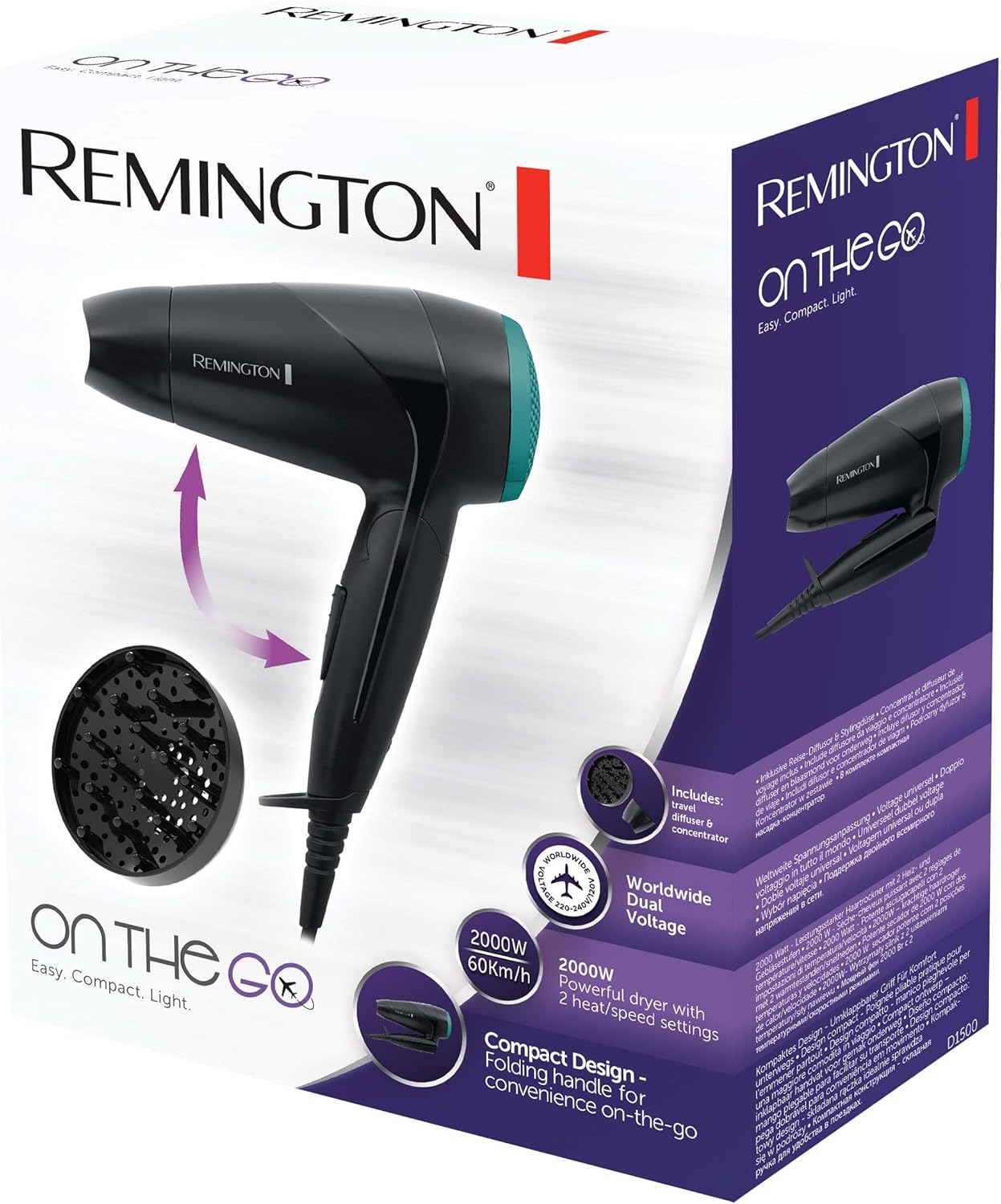 Remington - Sèche-cheveux On the Go, compact, 2000W, 2 températures, D1500