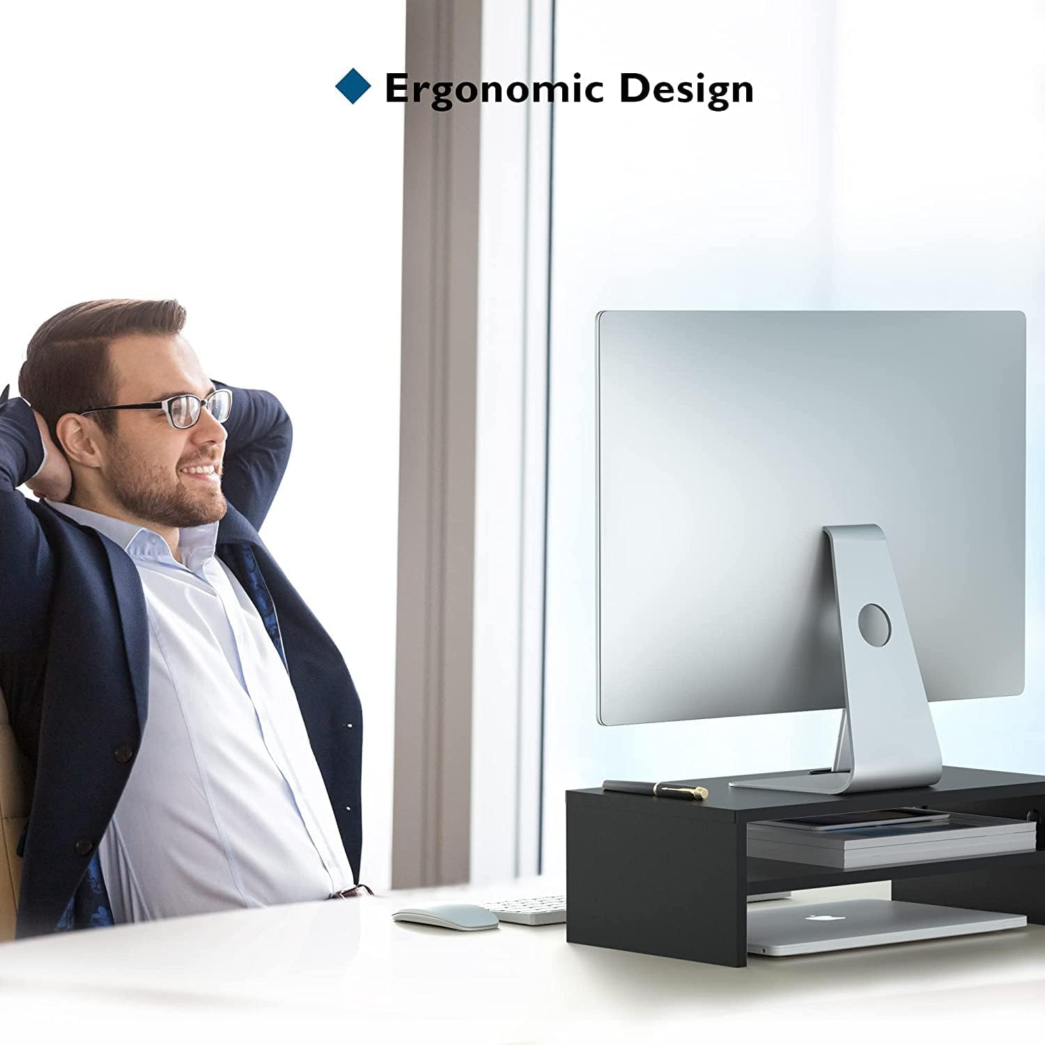 BONTEC - réhausseur écran bois noir - 420mm - 2 niveaux, support PC