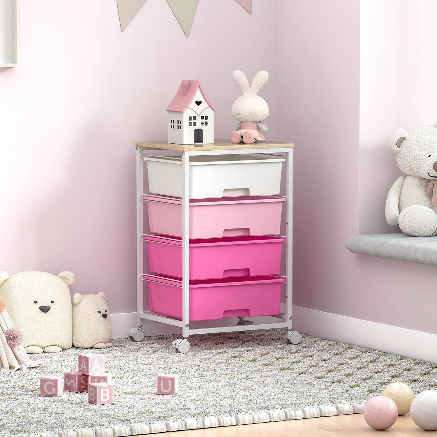 Chariot de rangement 4 tiroirs, plateau bois, roulettes, grande capacité, rose
