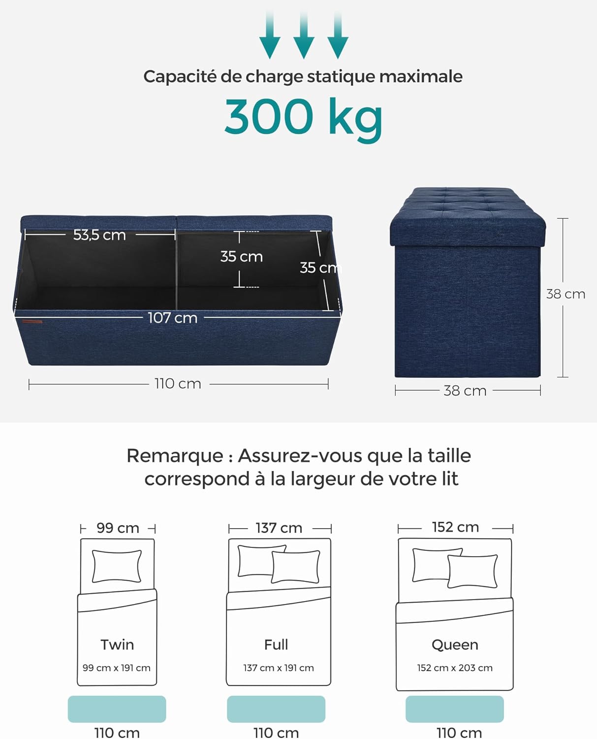SONGMICS - Mazie Collection - 110 cm - banc pliable, rangement, bleu, LSF77IN