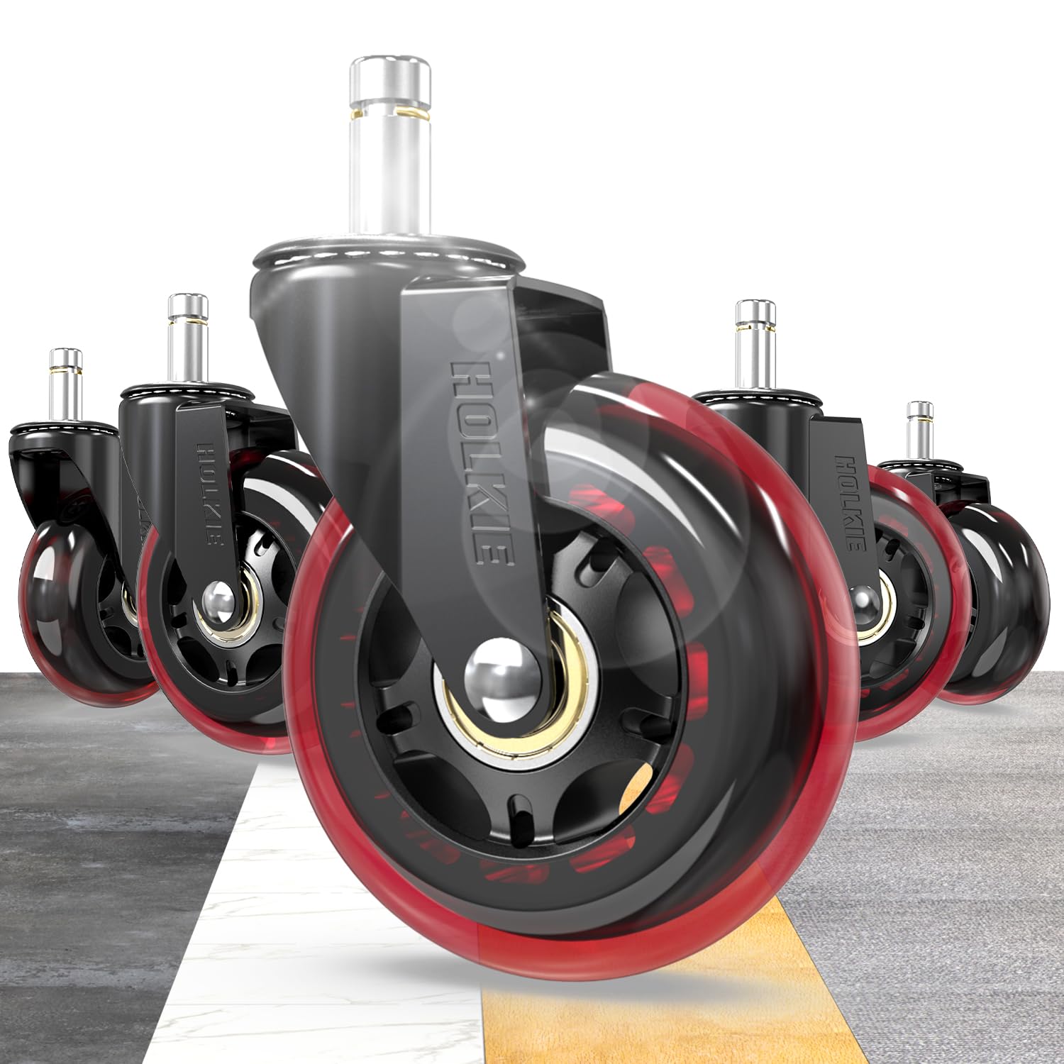 HOLKIE - roulettes chaise bureau - 10x22mm - lot de 5, caoutchouc, rouge, compatible bois/tapis