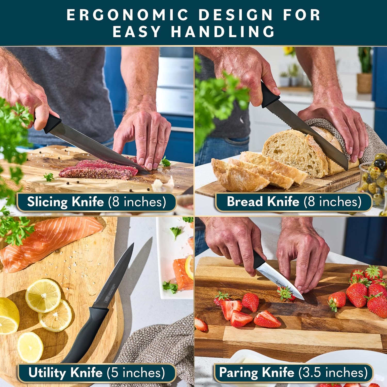 Home Hero - Set de couteaux cuisine 16 pcs inox, bloc inclus, noir