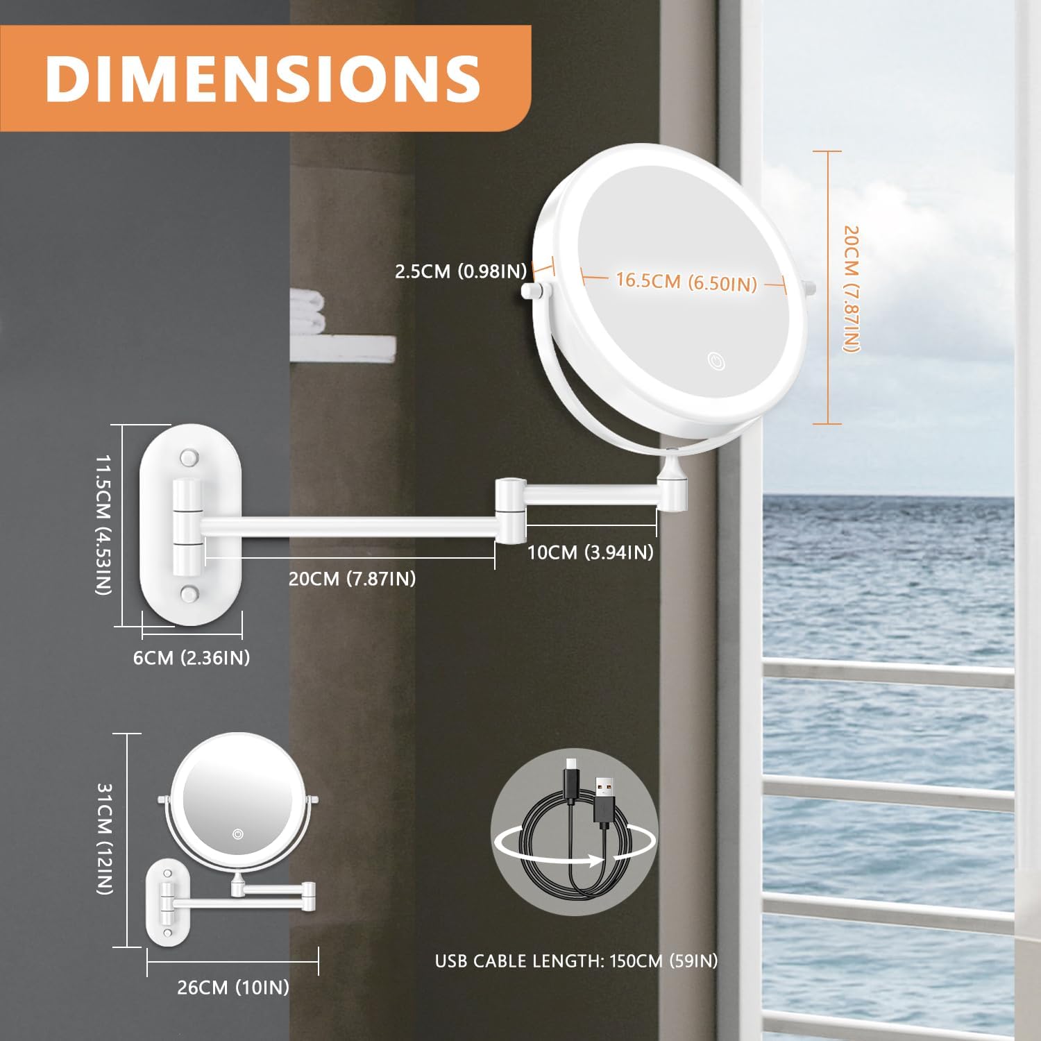 Auxmir - miroir mural série lumineuse - 8 pouces - grossissement 1x/30x, 3 couleurs, tactile, USB, 360° pivotant