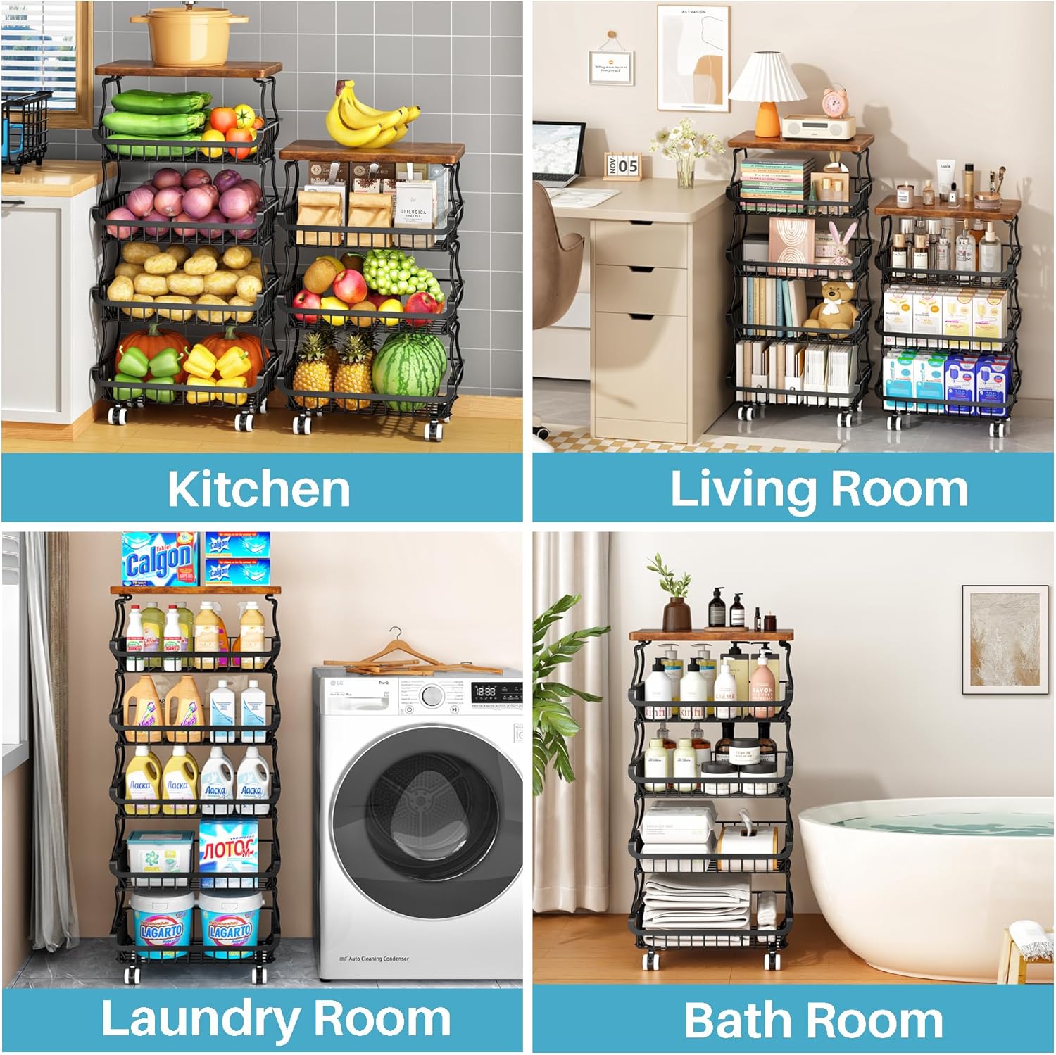 Organisateur de Garde-Manger 4 niveaux, paniers empilables, roulantes, rangement cuisine/salle de bain