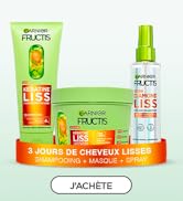Le texte se lit comme suit : « J'ACHÈTE ». Publicité de produit présentant des produits de soins capillaires de couleur verte de la gamme Garnier Fructis, disposés horizontalement avec plusieurs bouteilles et emballages.
