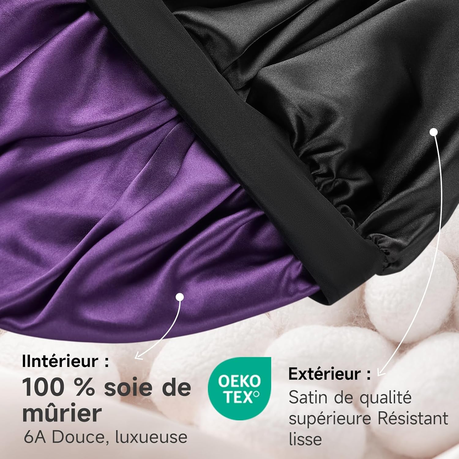 Umisleep - Bonnet nuit soie 22 Momme - grande taille - double couche, large bande, ultra-doux, noir/violet