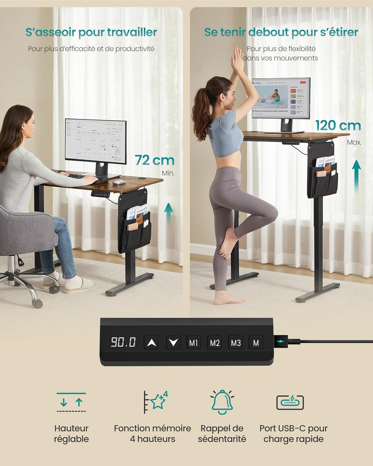 SONGMICS - bureau assis-debout, 100x60 cm, hauteur réglable, mémoire LSD130KD01