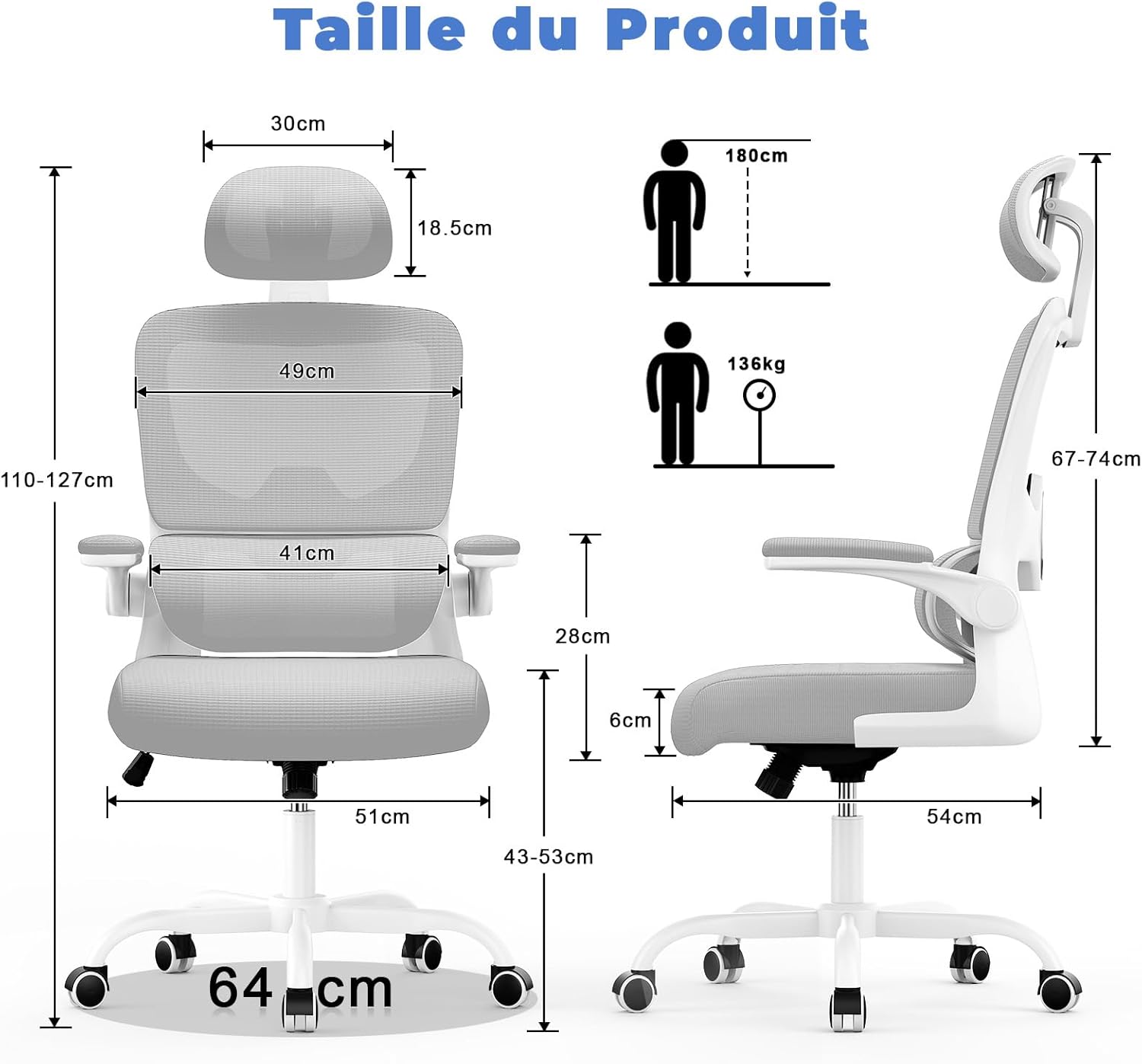 Chaise de Bureau - Ergonomique dossier réglable, appui-tête - maille respirante, support lombaire - gris