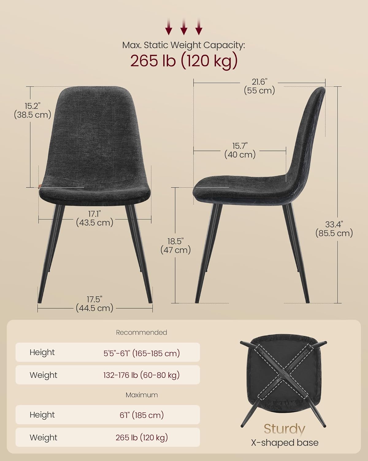 VASAGLE - chaises salle à manger lot de 2, métal, tissu facile à nettoyer, pieds réglables, Gris Ardoise - KDC187G01