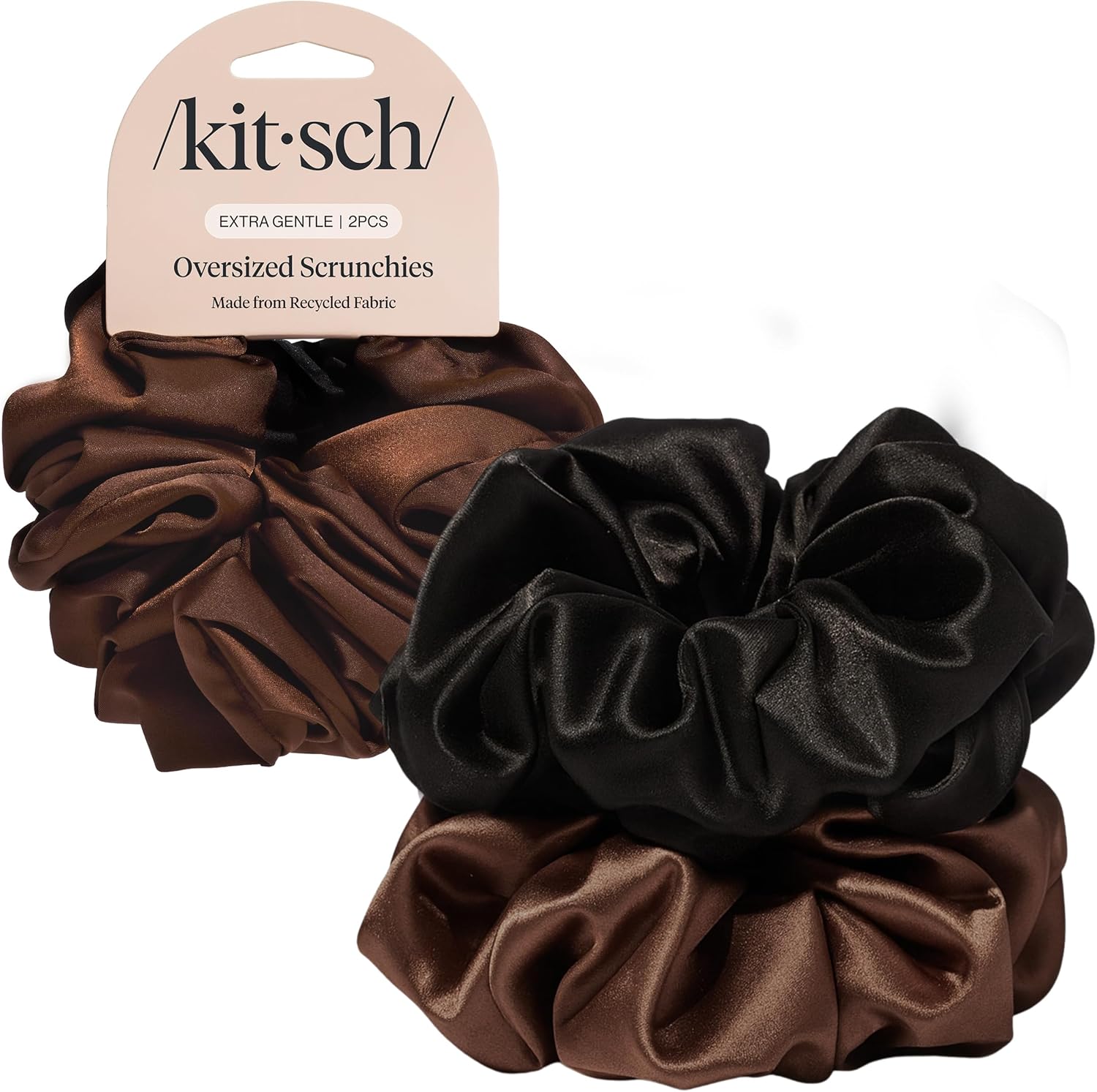 Kitsch - lot de 2 chouchous satin recyclé - surdimensionnés - noir et chocolat, élastiques éco-responsables