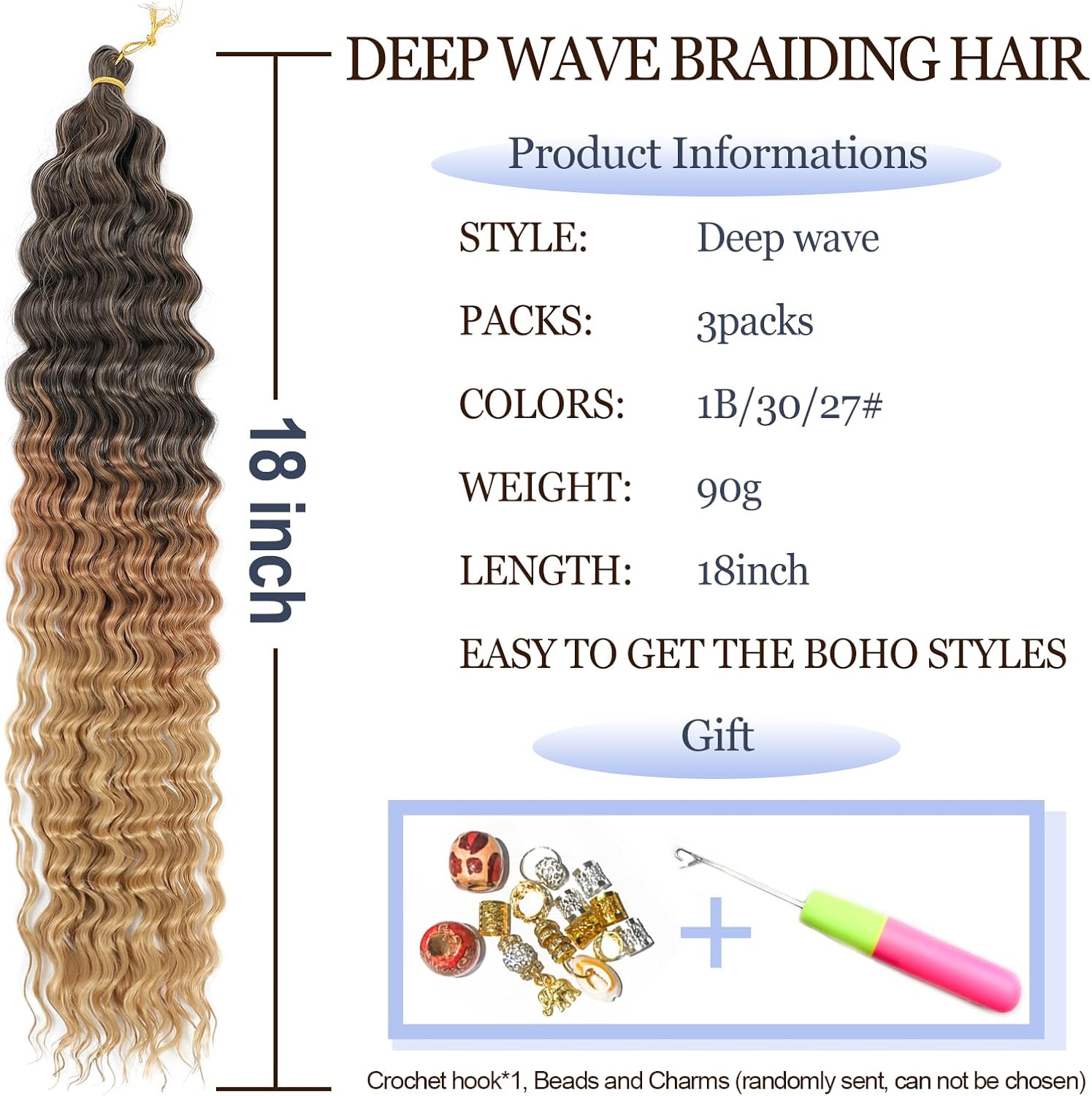 Ocean Wave cheveux Hair Extensions Deep Wave Braiding Crochet Hair Soft Synthetic Curly Braiding Crochet Hair for Black Women (18 inch (pack of 3）, 1B/30/27#)