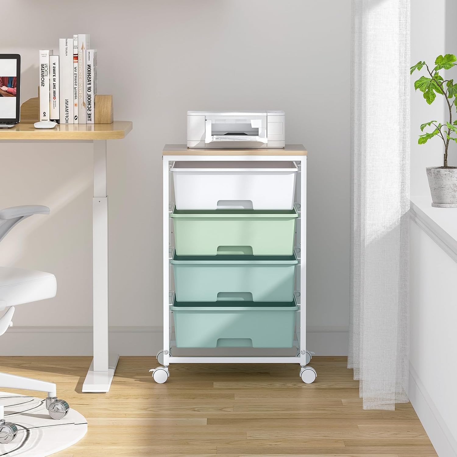 Chariot de Rangement - 4 tiroirs sur roulettes, plateau bois, grande capacité, vert - Idéal cuisine, salon, chambre