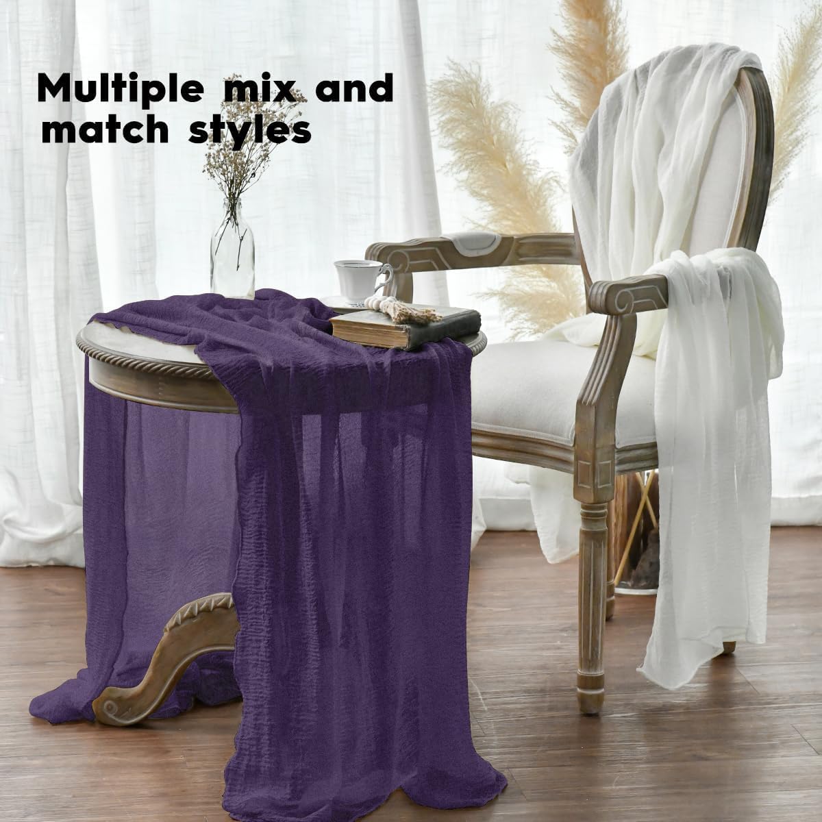 Artoid Mode - Chemins de Table Bohême - 300 cm - gaze mousseline violet, déco mariage/anniversaire