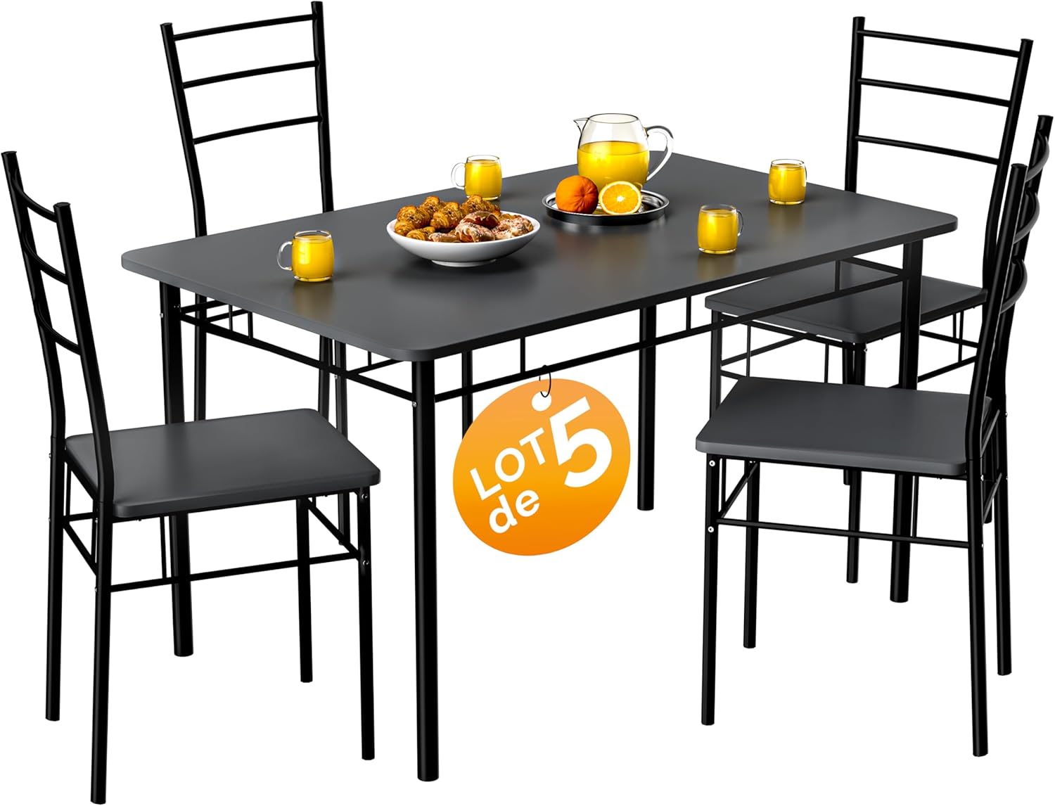 Casaria - Ensemble Leo - table et 4 chaises MDF métal, anthracite, salle à manger