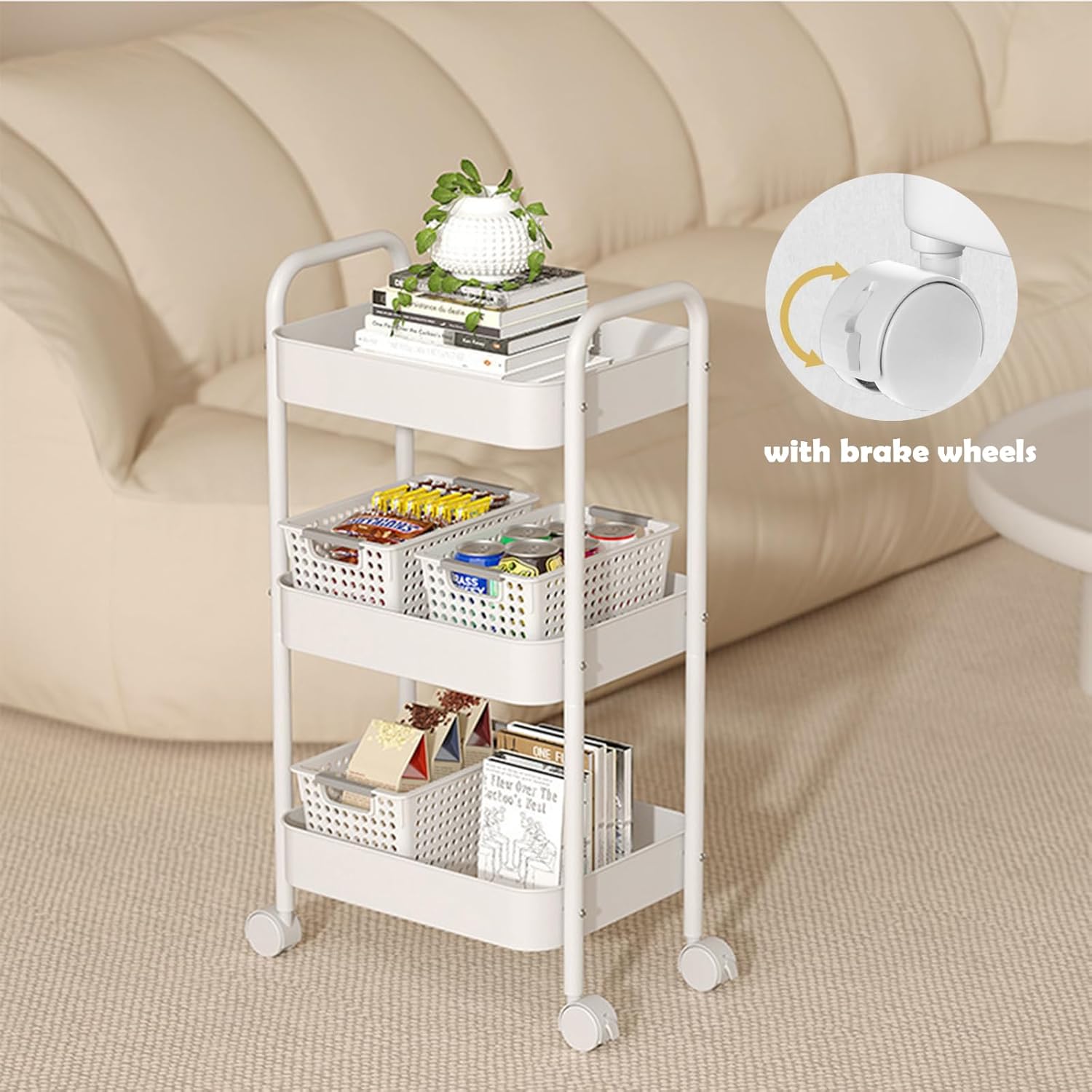 Chariot de rangement - 3 niveaux, métal, crochets, tasses inclus, cuisine/bureau - 60x40x30cm