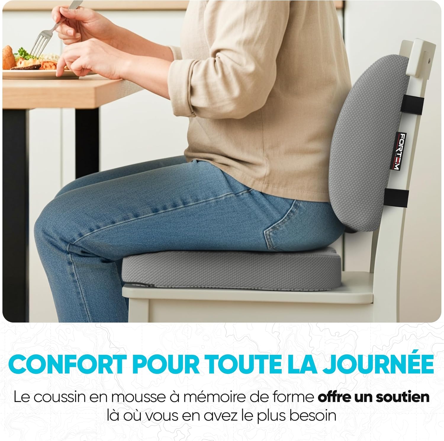 FORTEM – Coussin mémoire forme – soutien lombaire/assise – antidérapant, confort, chaise/auto