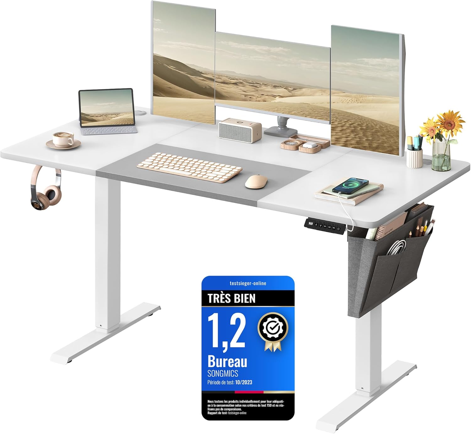 SONGMICS - Bureau électrique assis-debout - 140x60 cm - Hauteur réglable, mémoire 4 positions, blanc/gris - LSD016W02