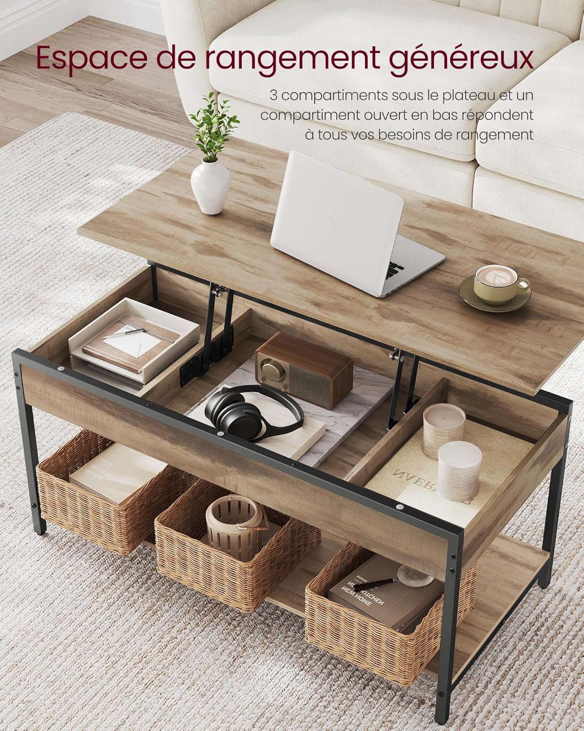 VASAGLE - Table basse relevable série LCT261LB02, 100x50 cm, rangement caché