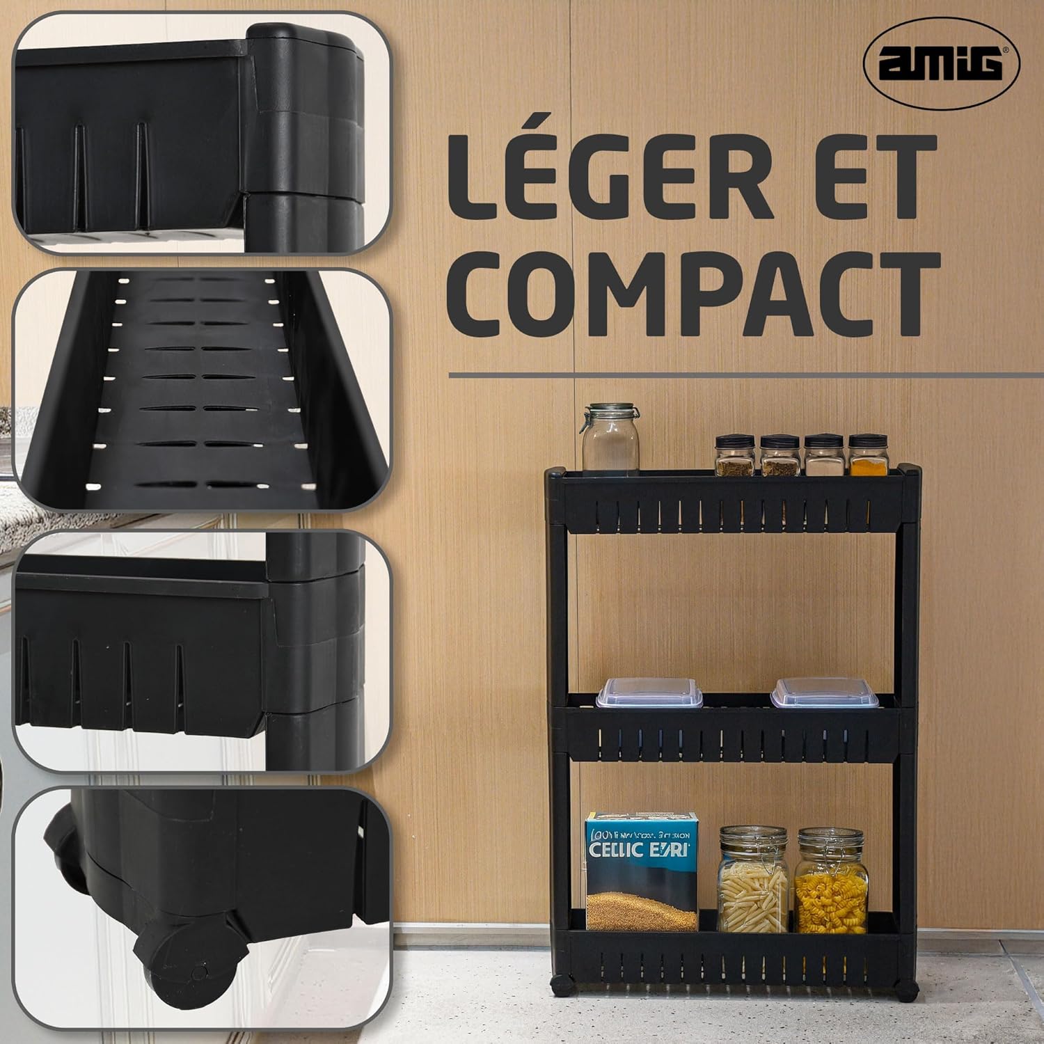 Amig - Böken - 54x12x78 cm - Chariot 3 niveaux, roulettes, noir