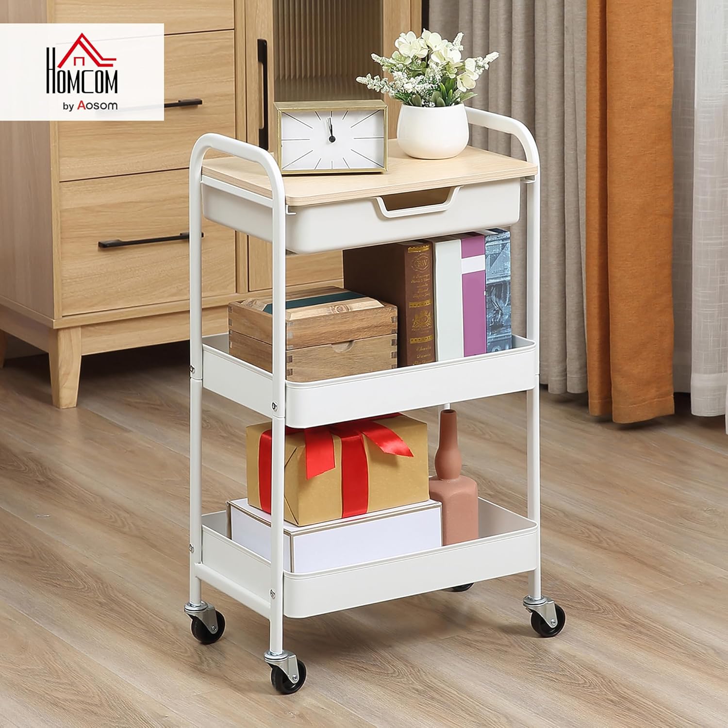 HOMCOM - chariot cuisine 2 étagères, tiroir, bois/acier, 60x40x80 cm