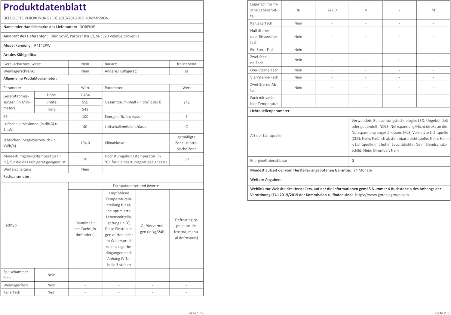 Gorenje - R4142PW - 242 L Autoportant, classe E, couleur blanche, R4142PW