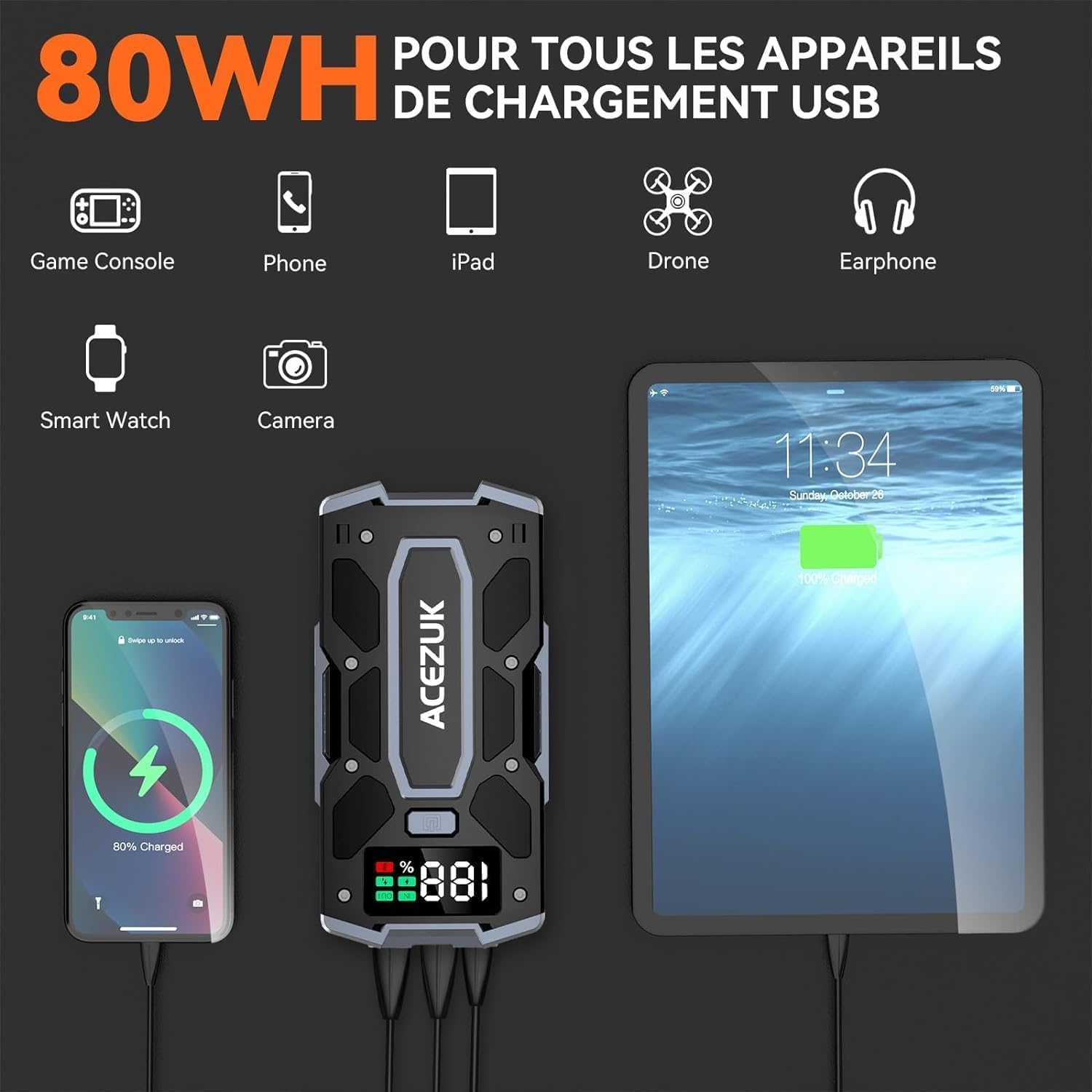 Booster batterie voiture portable, 8000A, 12V, LED, QC3.0, jusqu'à 10L, 8.0LDiesel