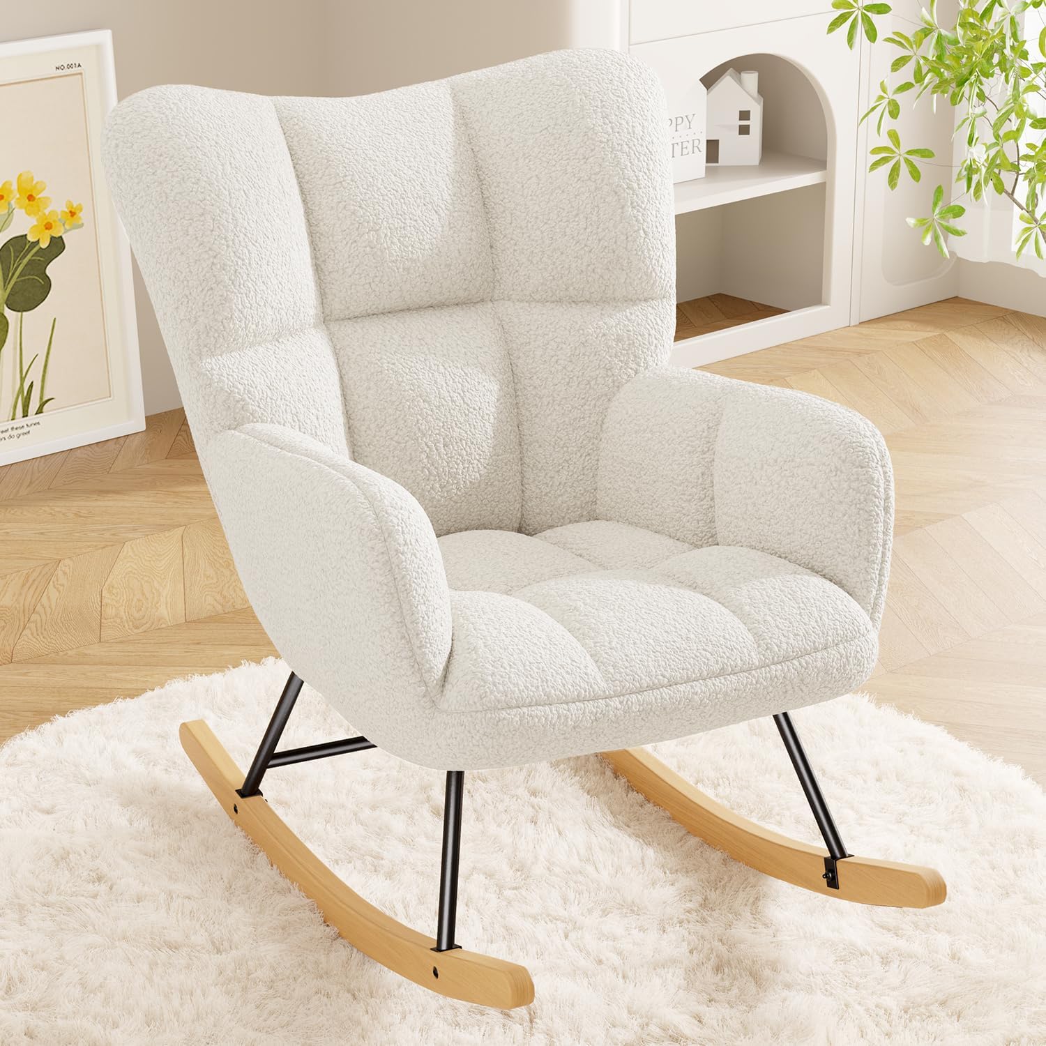 Fauteuil à bascule scandinave - velours, bois, 136kg, blanc, confort