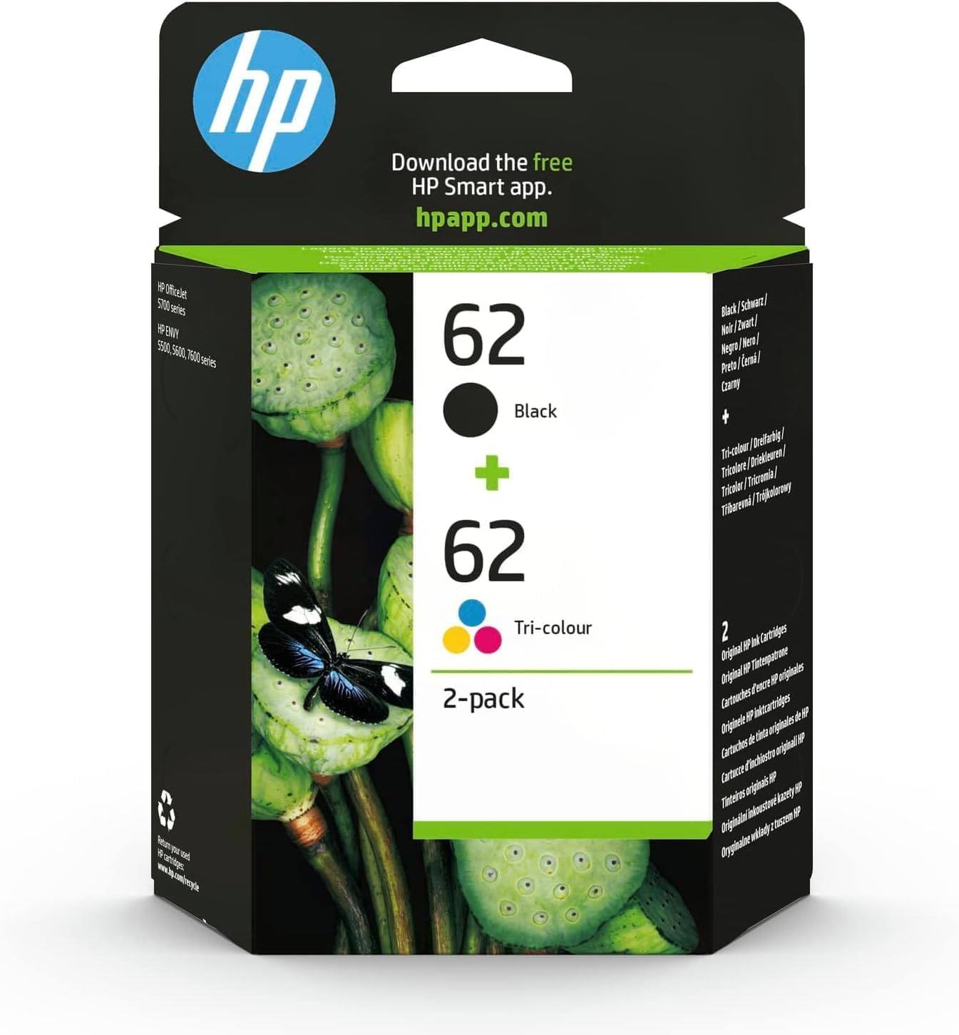 HP - 62 série - Pack de 2 cartouches d'encre, couleurs variées, compatible Envy/OfficeJet - N9J71AE
