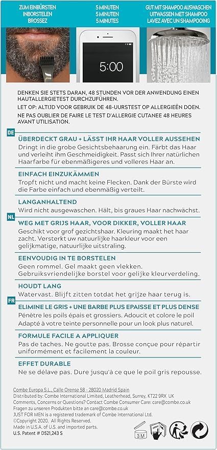 Just For Men - Barbe & Moustache - coloration naturelle, sans ammoniaque, élimine poils gris, peigne applicateur - Noir 