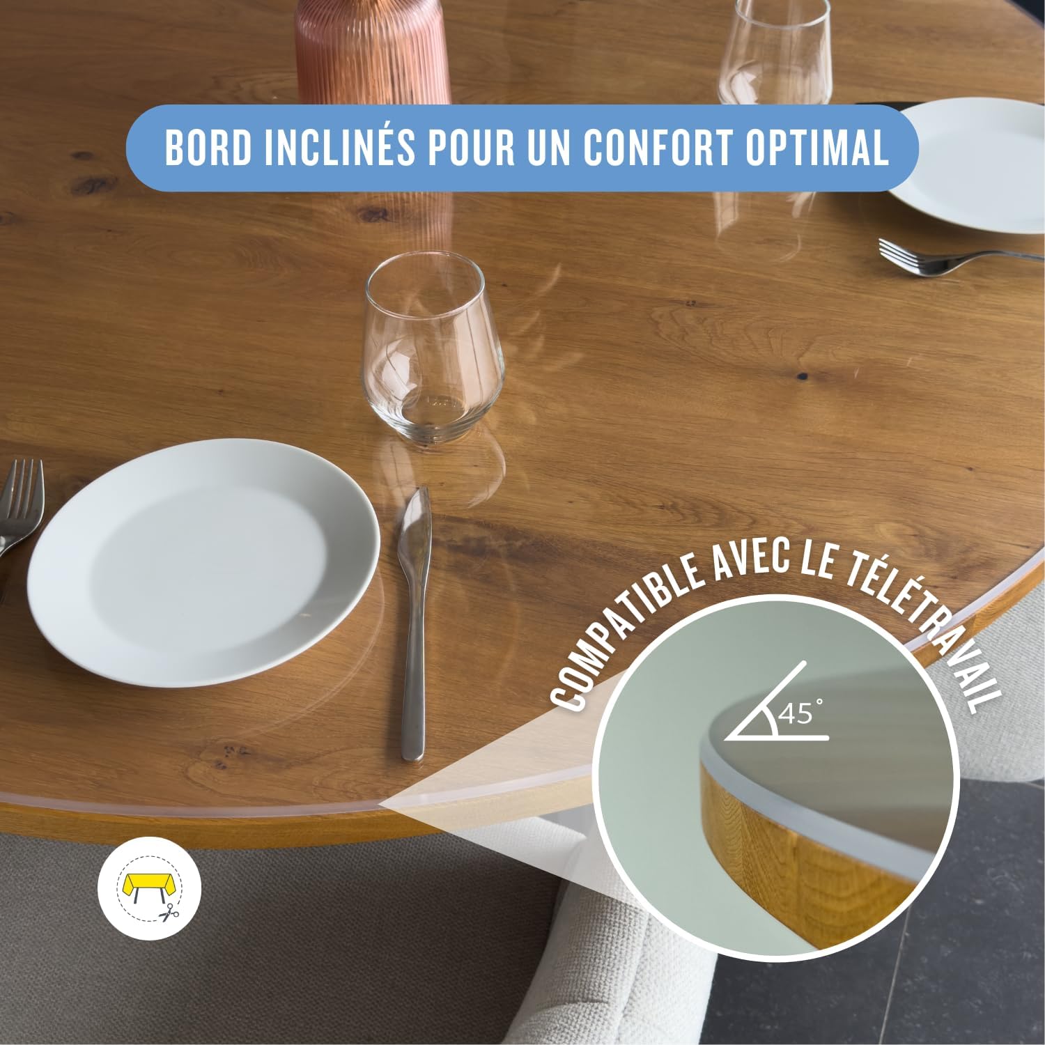 Nappe transparente ronde 115 cm, 3mm, anti-tache, lavable