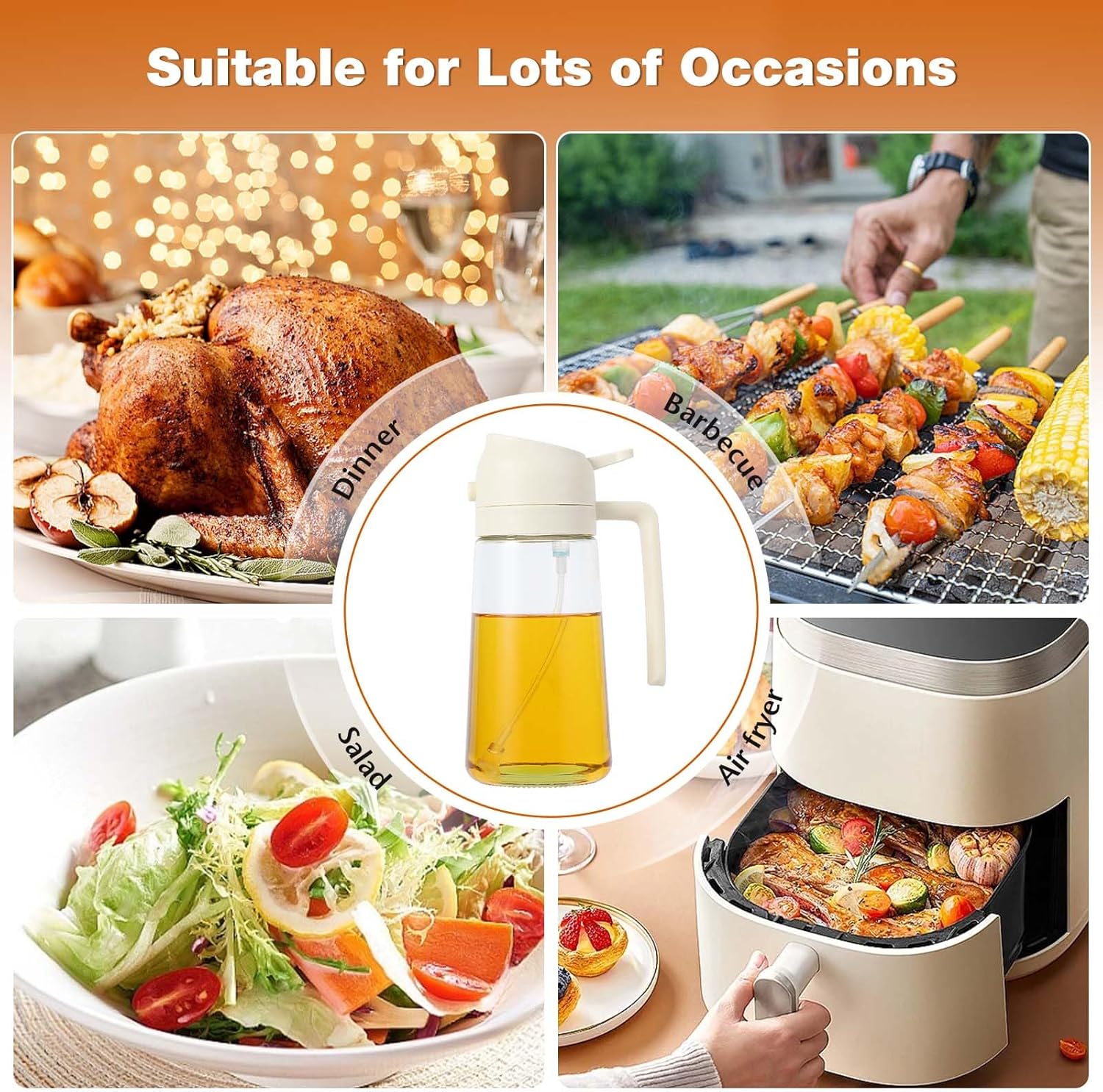 Pulvérisateur huile cuisine 470ml, 2 en 1, blanc, multifonction