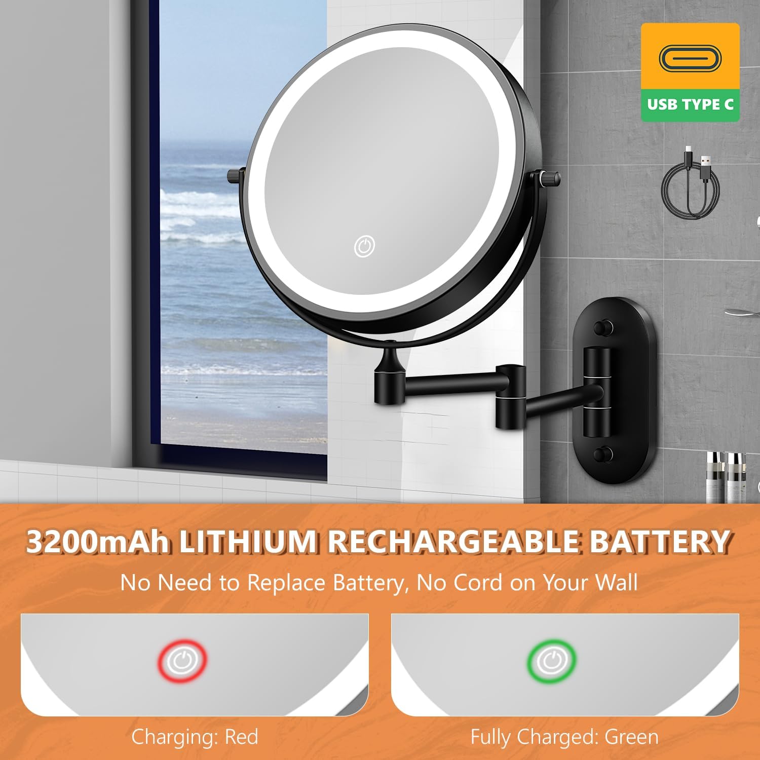 Auxmir - miroir mural série lumineuse, 8 pouces, grossissement 1X/30X, 3 couleurs, USB, écran tactile, pivotant