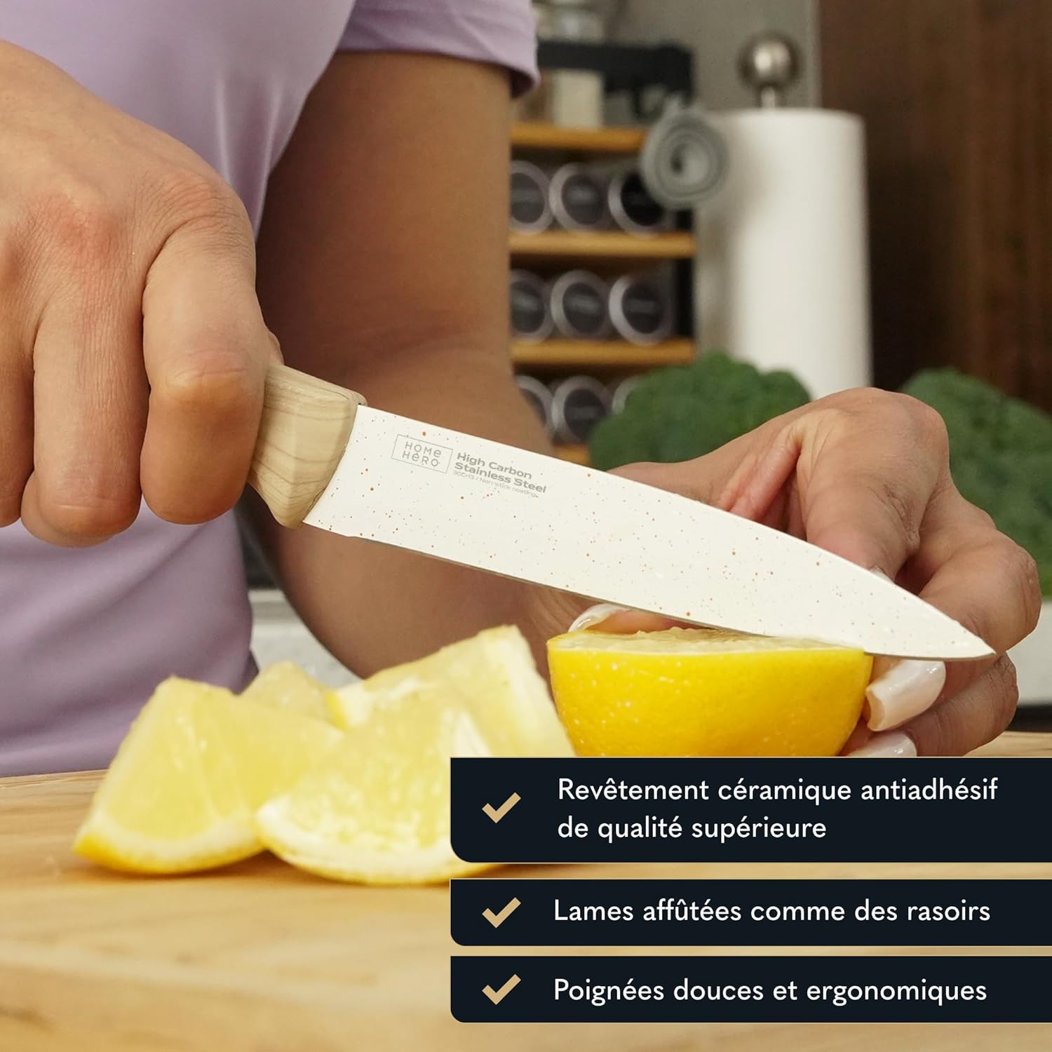 Home Hero - Bloc de couteaux 12 pièces crème - inox carbone, poignées ergonomiques