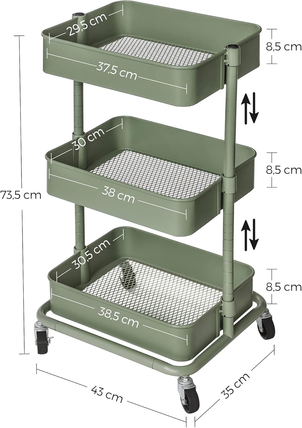 SONGMICS - desserte 3 niveaux, hauteur réglable, 2 freins, BSC060C01