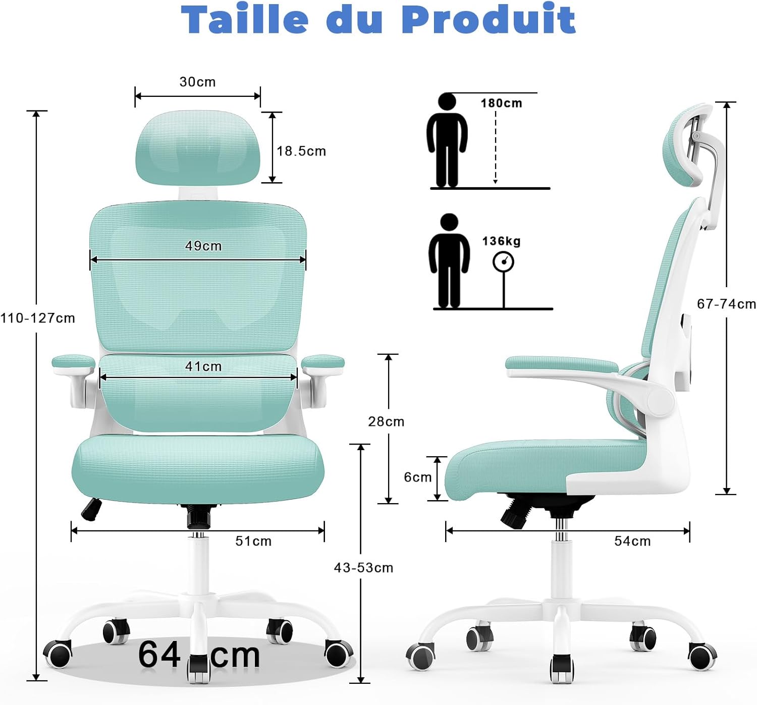 Chaise de bureau ergonomique - support lombaire réglable - dossier, appui-tête ajustables, accoudoirs réversibles, maill