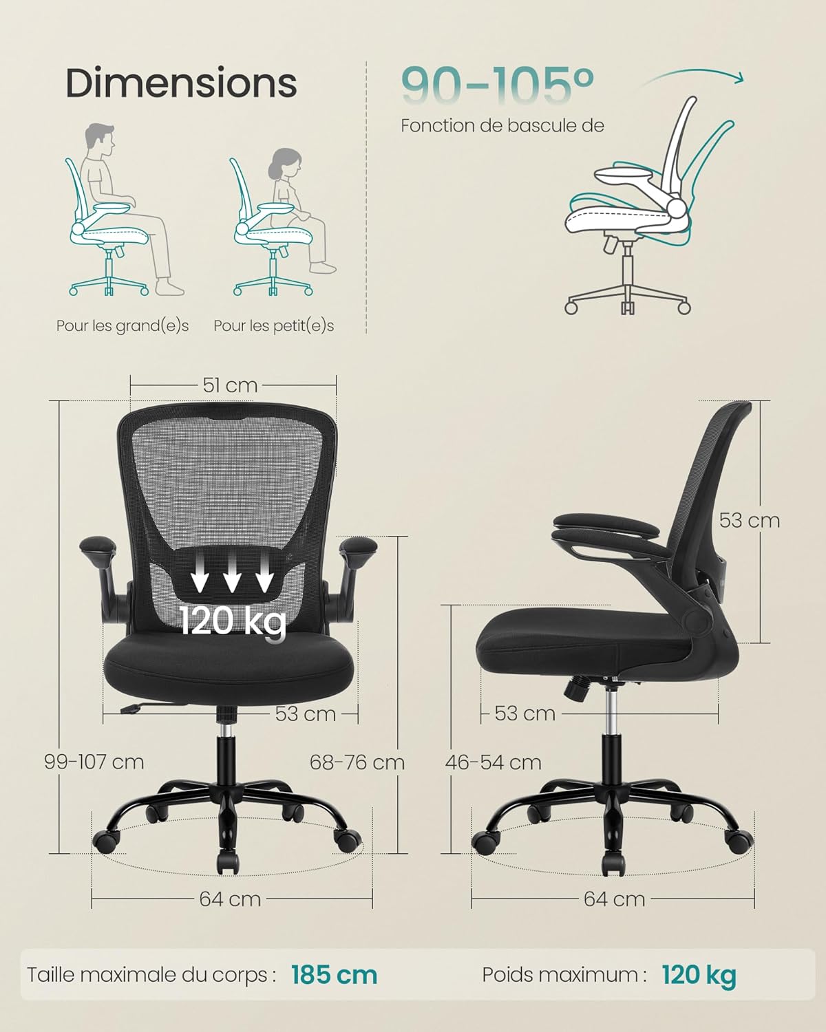 SONGMICS - chaise bureau ergonomique - 53 cm - tissu maille, support lombaire, accoudoirs rabattables OBN37BK