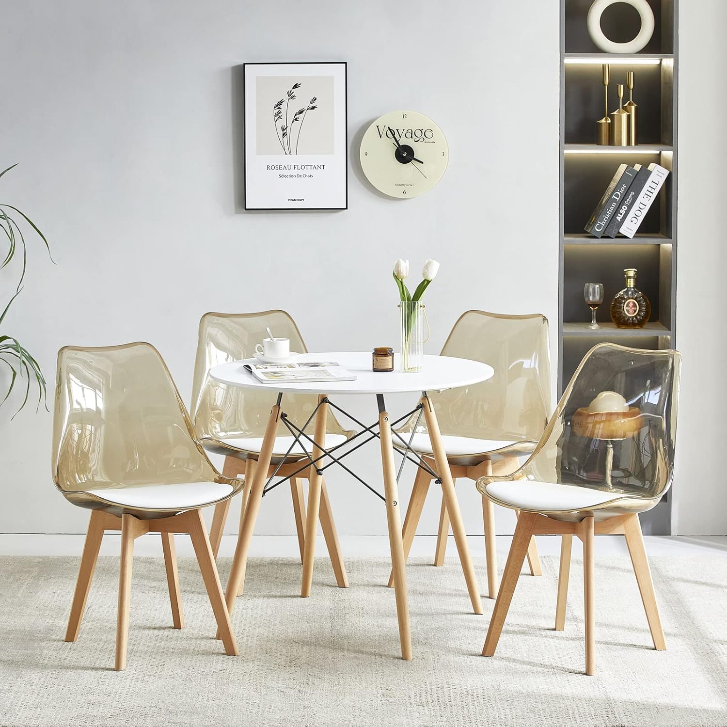 EGGREE - chaises scandinaves 8 pièces - hêtre, cuir blanc, dossier transparent, testées SGS