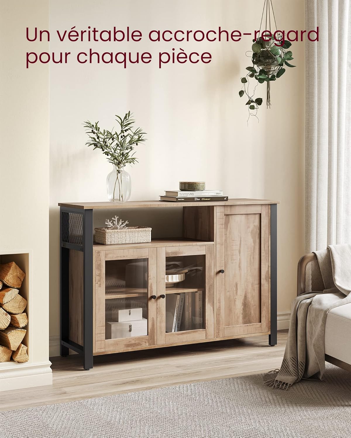 VASAGLE - Buffet style rustique, 110x33x75 cm, 3 portes cuisine LSC096B50