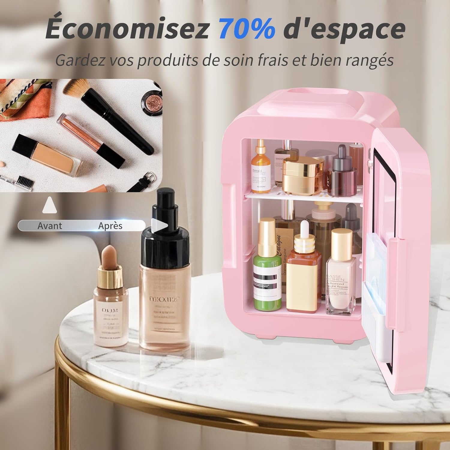 YASHE - Mini frigo LED miroir 4L, portable, 220V/12V, rose