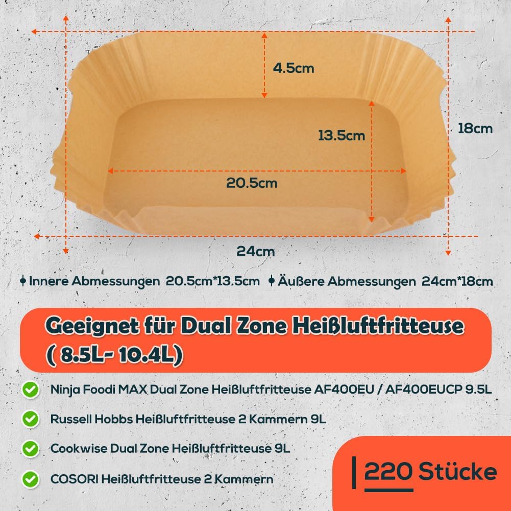BYKITCHEN - Air Fryer papier cuisson - 220 pièces, compatible Ninja, XL Double Zone, 9.5L, SL400EU