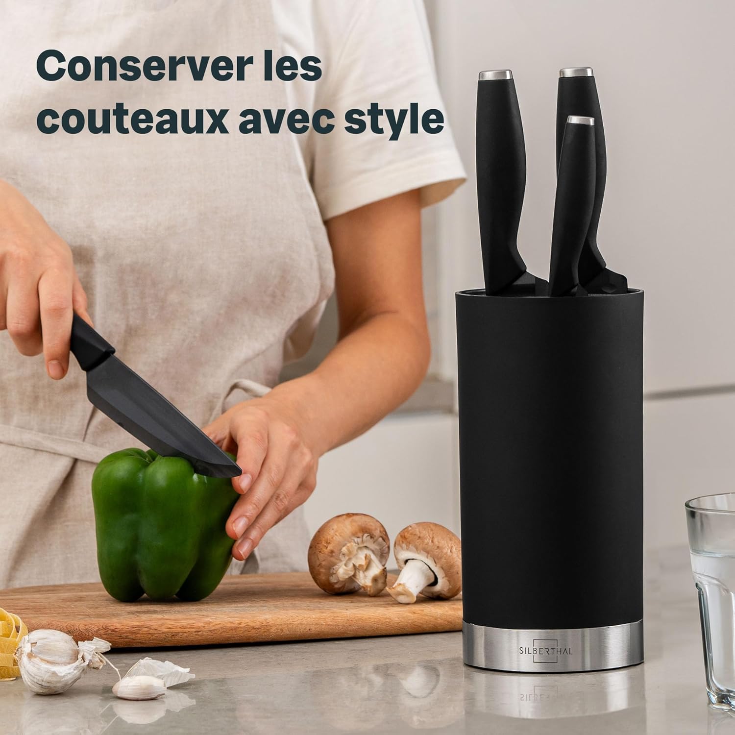 SILBERTHAL - Bloc couteaux universel inox noir, 7-10 pièces, inserts protecteurs