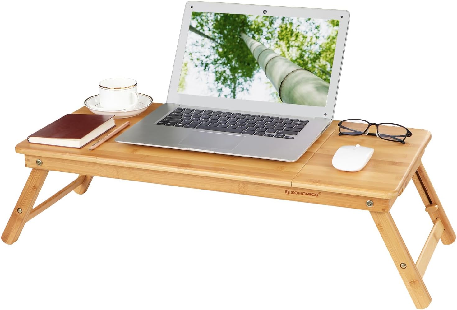 SONGMICS - Table de lit pliable bambou - 72x21-29x35 cm - plateau ajustable, tiroir, trous aération LLD004