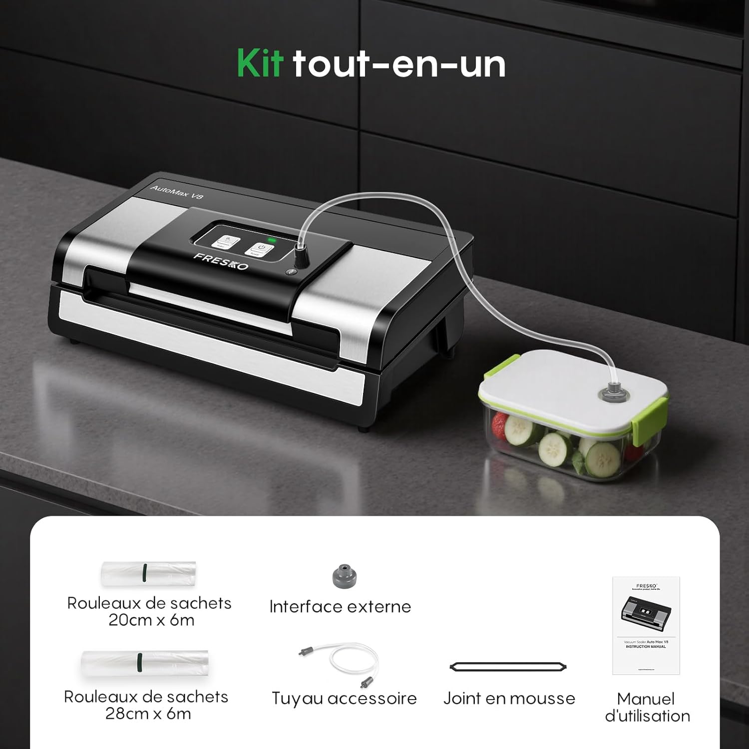 FRESKO - AutoMax V8 - 140W - sous vide mains libres, sec/humide, coupeur, 2 rouleaux, rangement - AutoMax V8