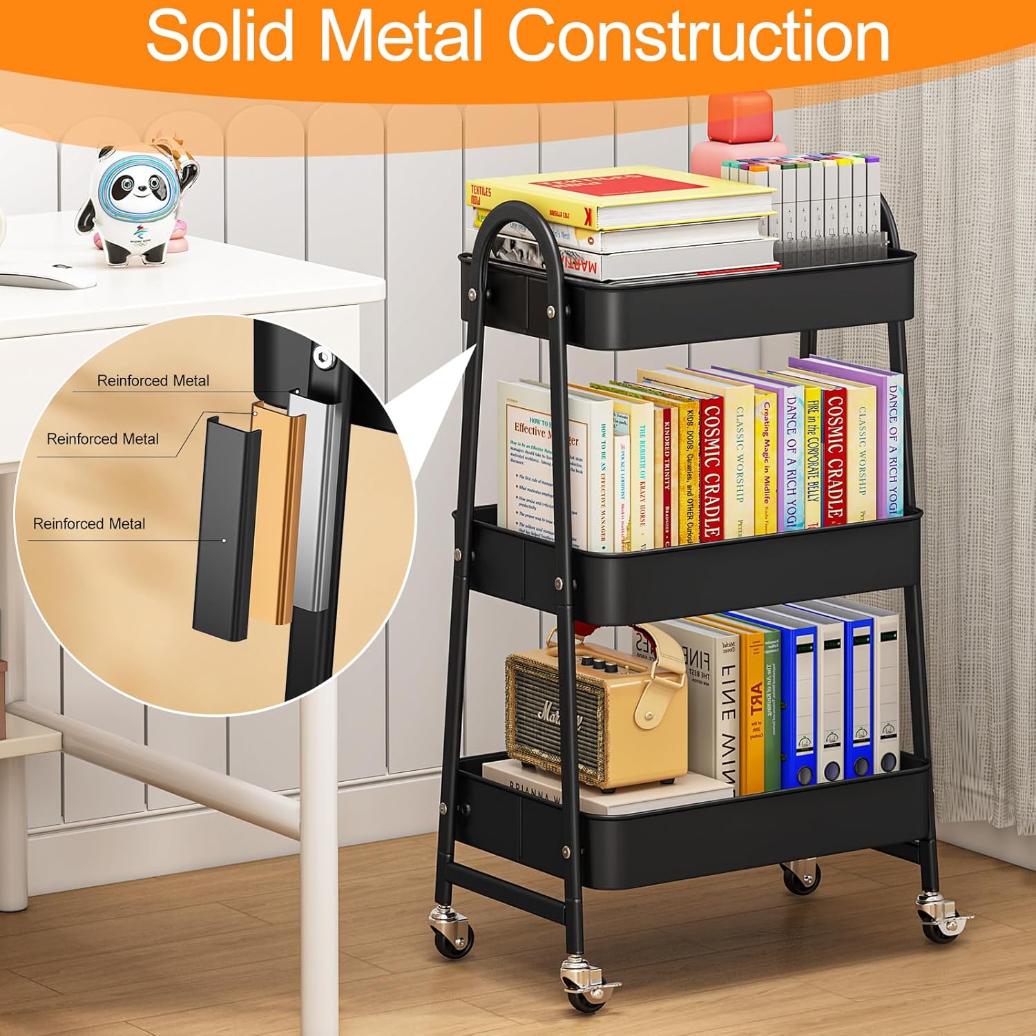 Chariot de rangement - 3 étages - métal, roulettes, polyvalent, noir