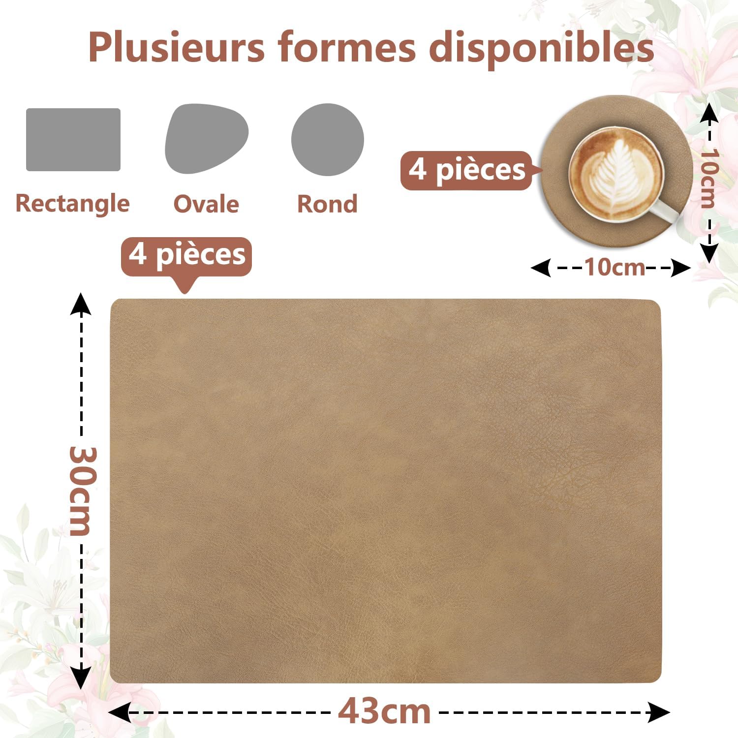 Set de table - cuir PU double face - 43x30cm - lot de 4, lavables, antidérapants, décoratifs