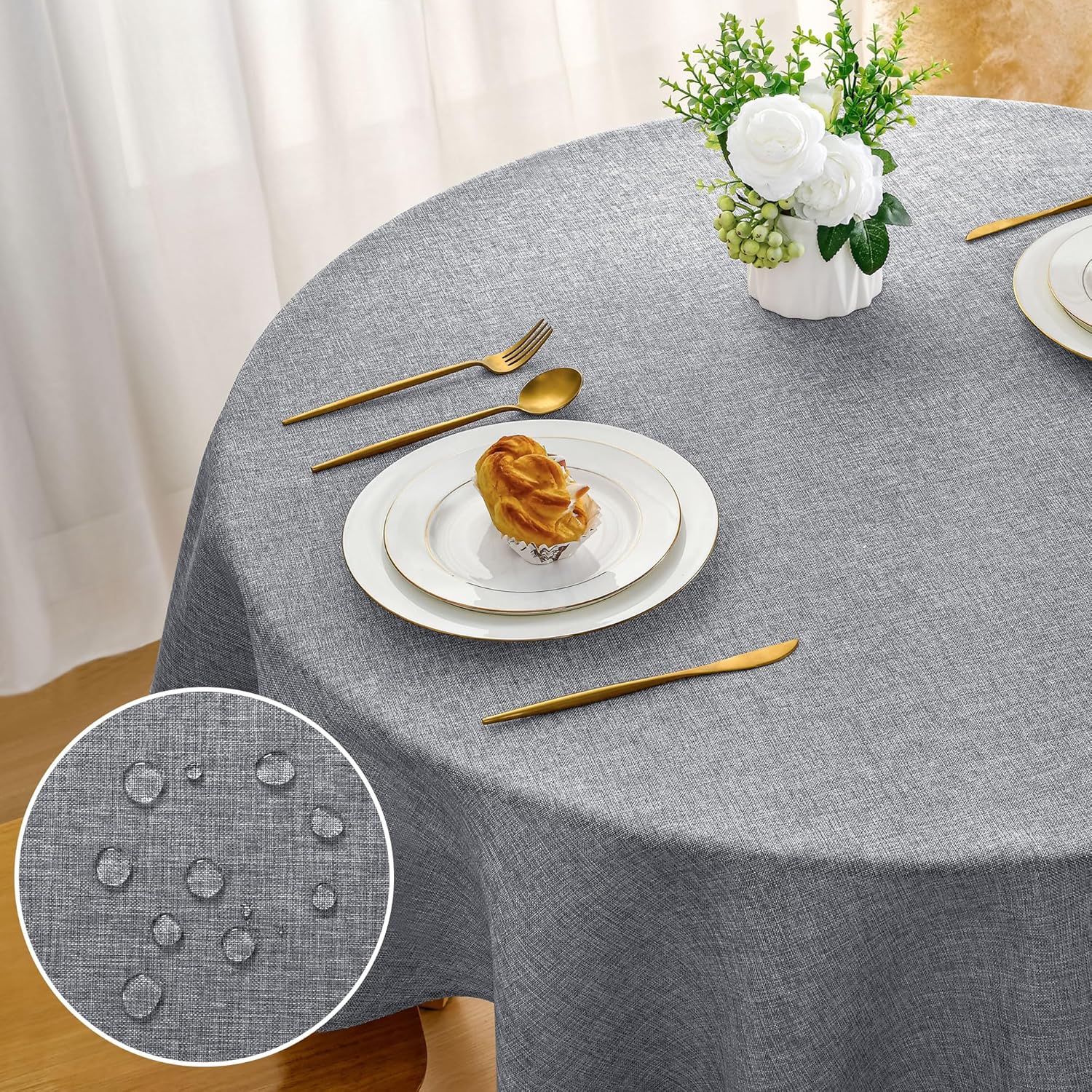 DWCN - Effet Lin 120 cm - nappe ronde imperméable, anti-tache